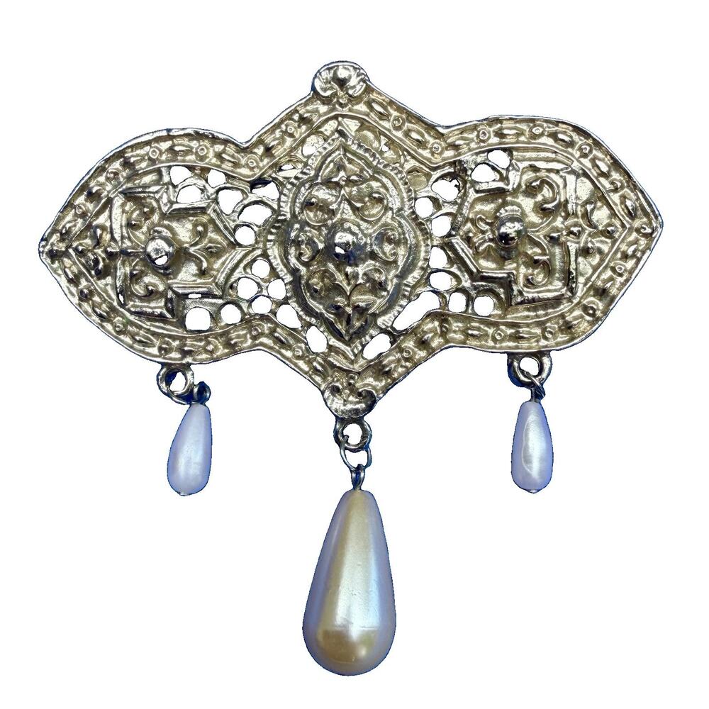 Vintage Silver Tone Renaissance Revival Brooch Faux Pearl Dangle Ornate 3”
